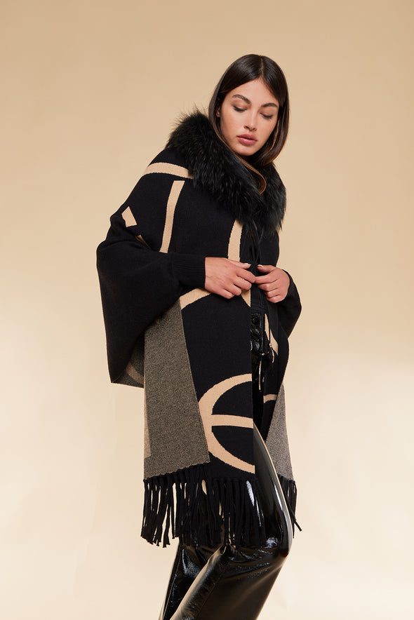 Abstract Circle Print Cape with Fur Collar