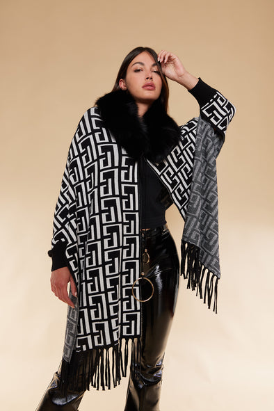 Black and White Box Pattern Cape with Fur Collar