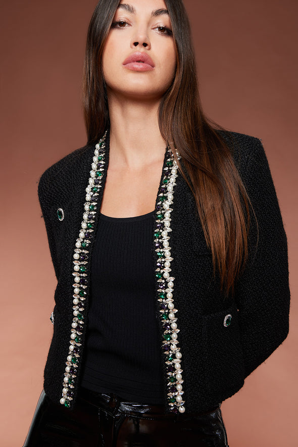Bedazzled Collarless Black Tweed Boucle Cropped Jacket
