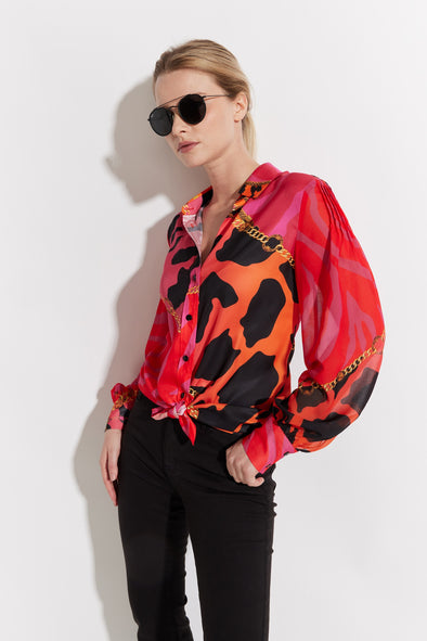 Printed Button Front Tie Shirt