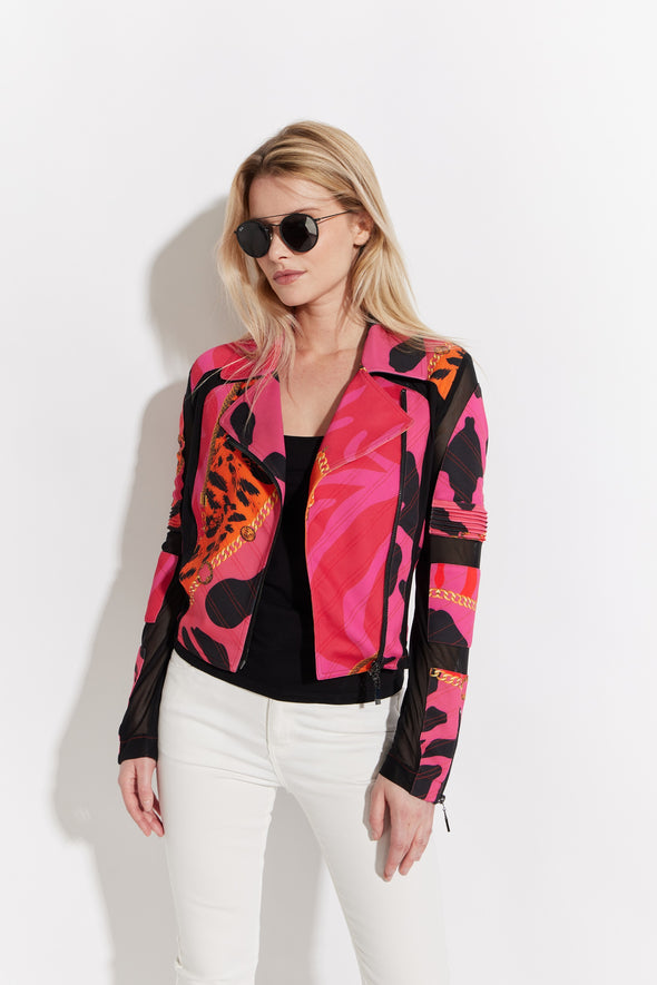 Printed Off Center Zip Scuba Mesh Jacket