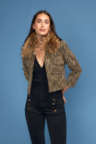 Vintage Boucle Short Jacket with Fur Collar