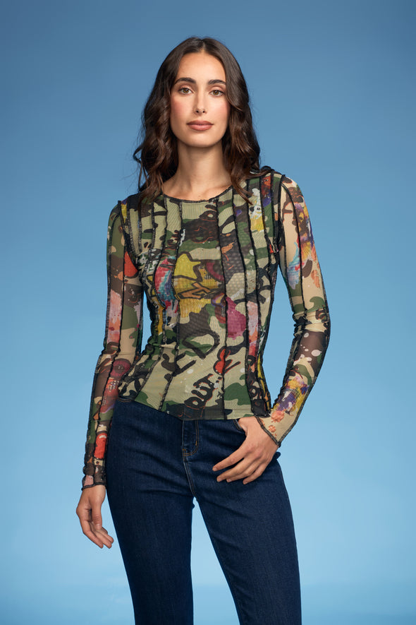 Camo Vertical Stich Knit Top
