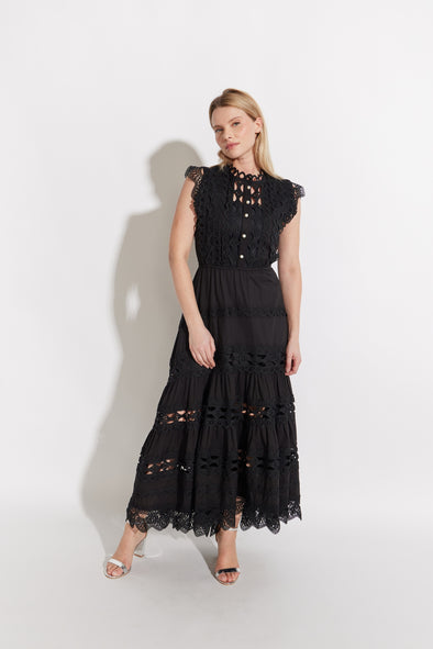 Sleeveless Buttoned Midi Dress with Lace details