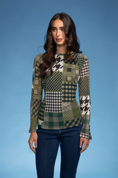 Houndstooth Round Neck Plisse Blouse&nbsp;