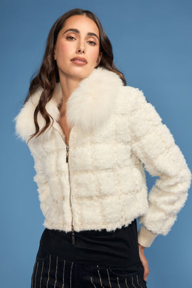 Square Sherpa Zip Jacket with Fox Collar