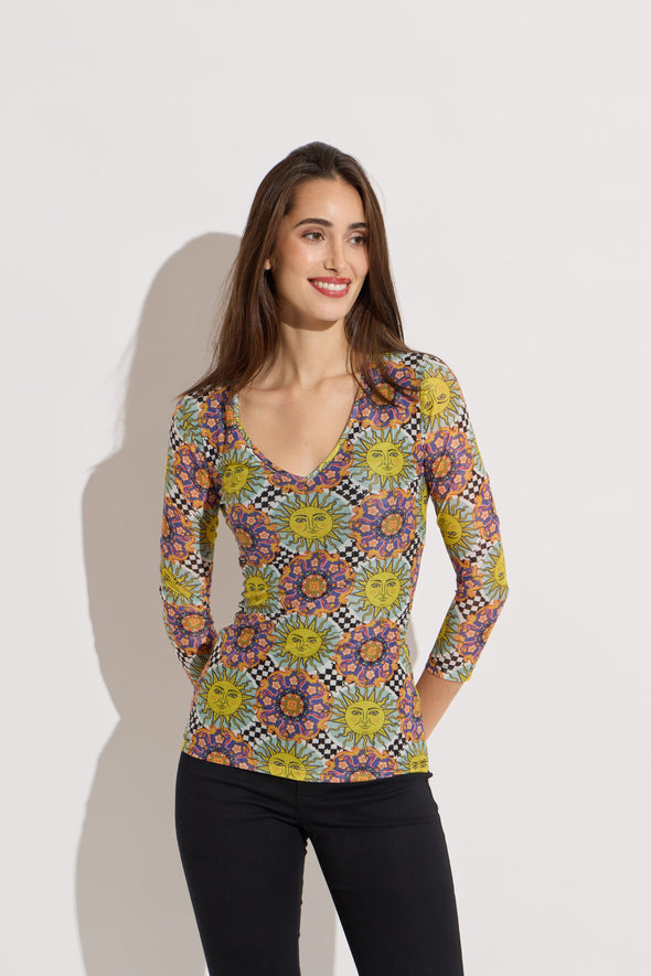 Sunburst V Neck Mesh Top