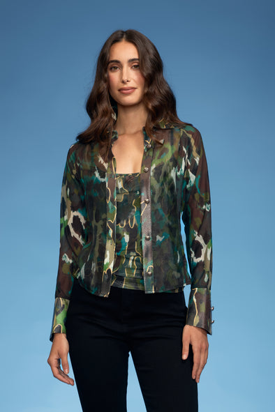 Green Leopard 2pc Organza Blouse with Mesh Tank