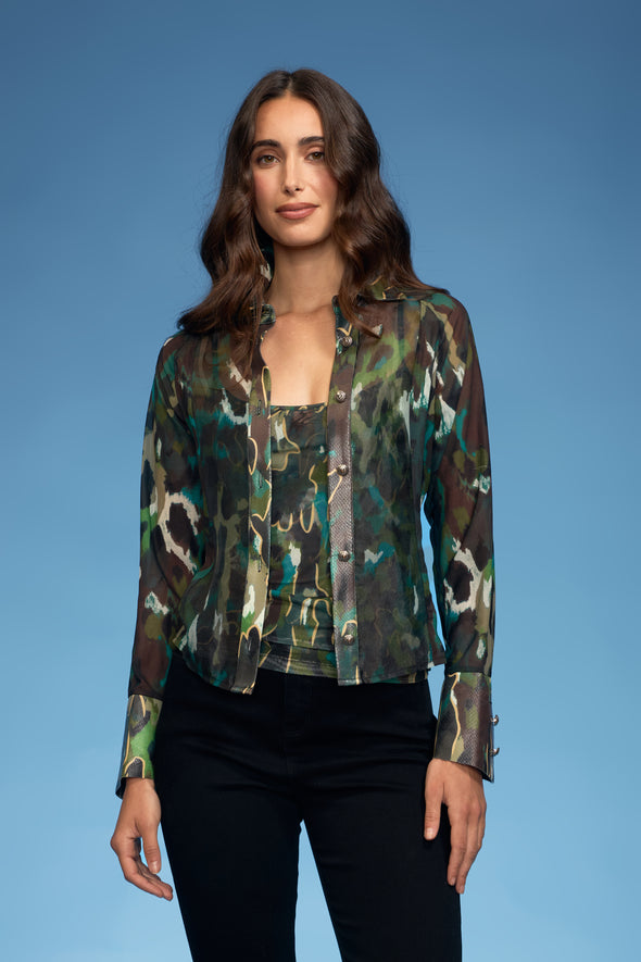 Green Leopard 2pc Organza Blouse with Mesh Tank