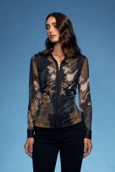 Marble Print Rushed Pleather Combo Zip Shirt