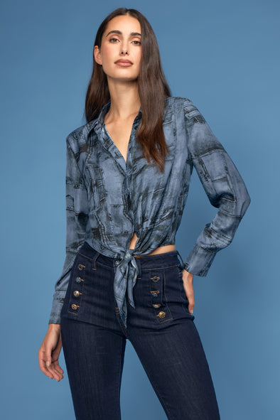 Denim Patch Print Tie Front Blouse