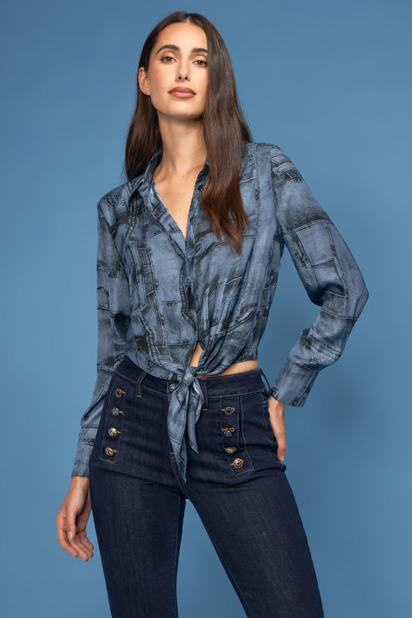 Denim Patch Print Tie Front Blouse