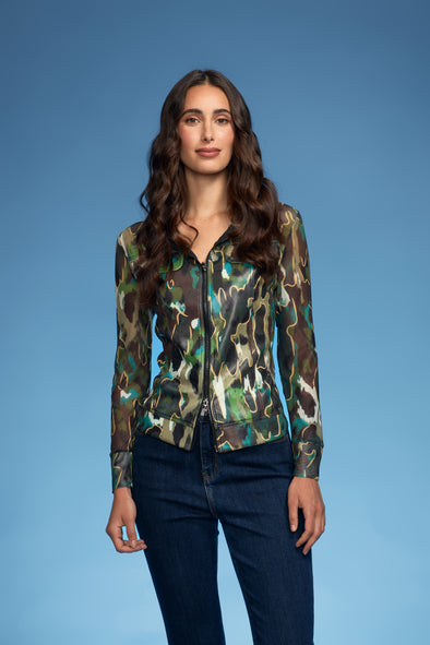Green Leopard Zip Scuba/Mesh Combo Jacket