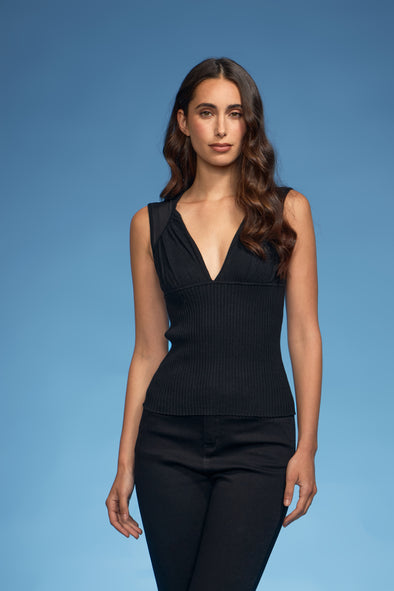 Mesh/Knit Combo V-Neck Knit Top