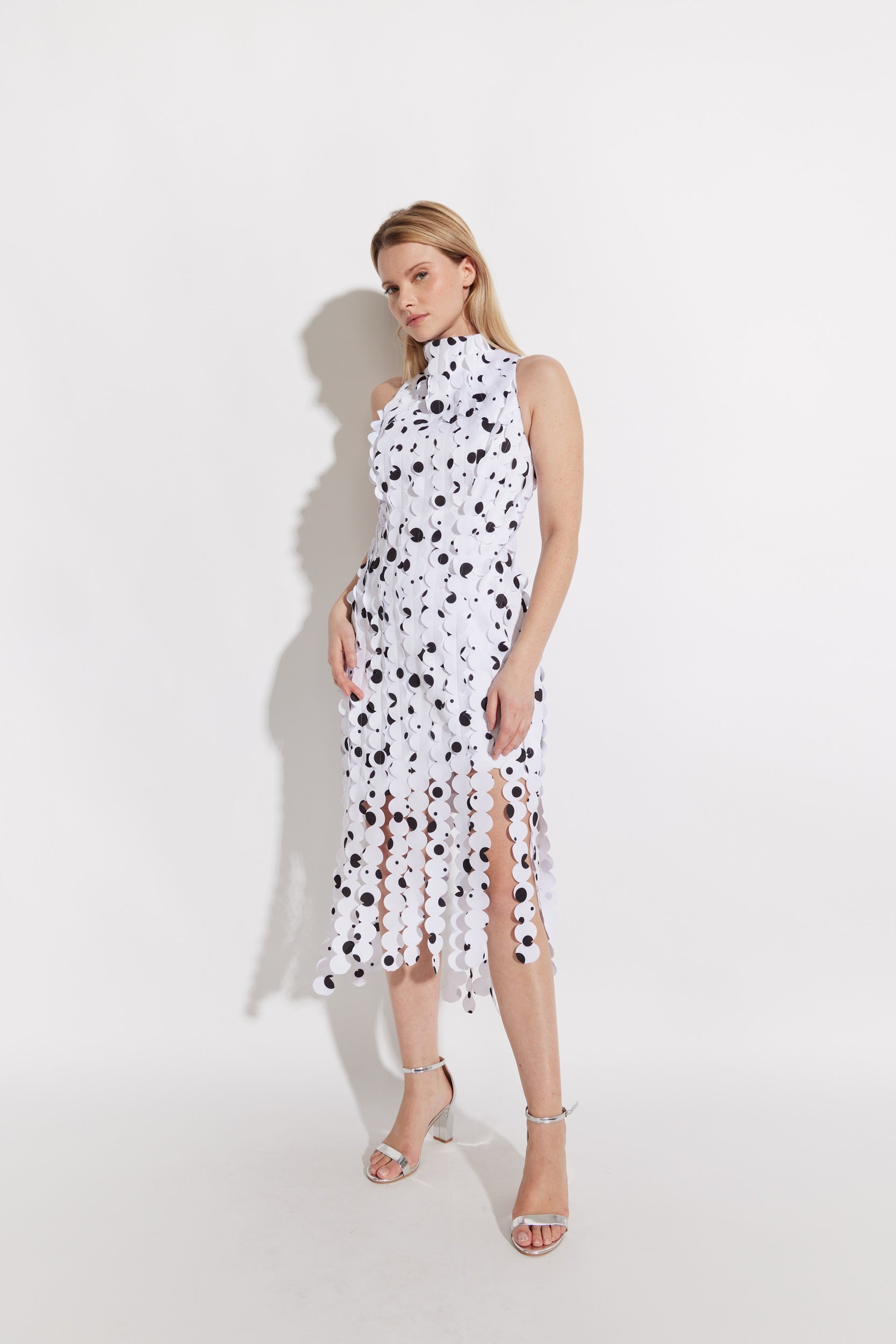 Mock Neck Car Wash Fringe Polka Dot Dress - M8053 / White/Black / XS Mock Neck Car Wash Fringe Polka Dot Dress - M8053 / White/Black / XS