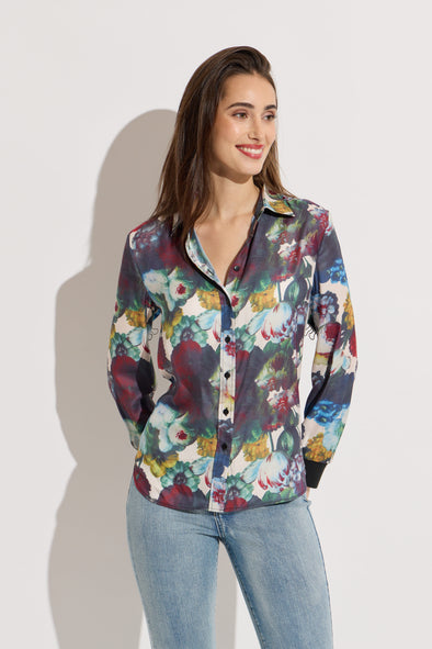 Floral Button Down Blouse With Knit Cuffs