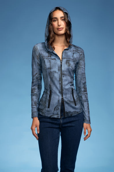 Denim Down Printed Rushed Mesh Blouse