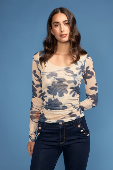 Printed Side Rushed/Scoop Neck Mesh Top
