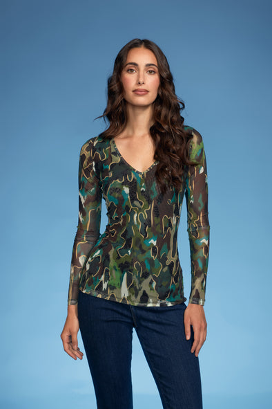 Green Leopard V-Neck Mesh Top