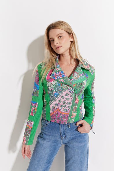 Printed Off Center Patchwork Print Zip Jacket