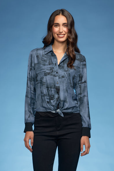 Denim Patch Print Blouse with Knit Cuffs