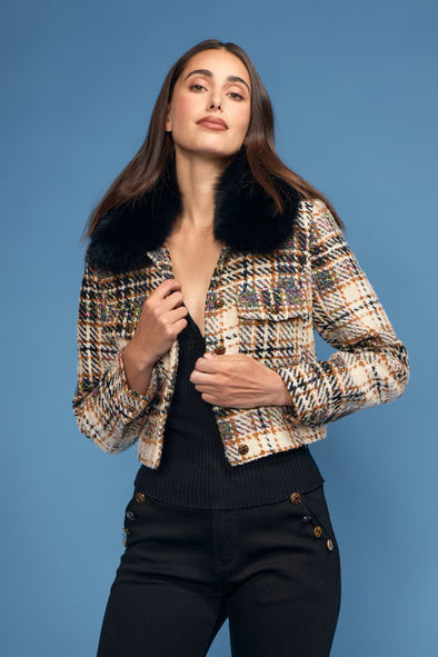 Multi Color Plaid Boucle/Fox Collar Short Jacket