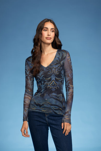 V-Neck Blue Abstract Mesh Top