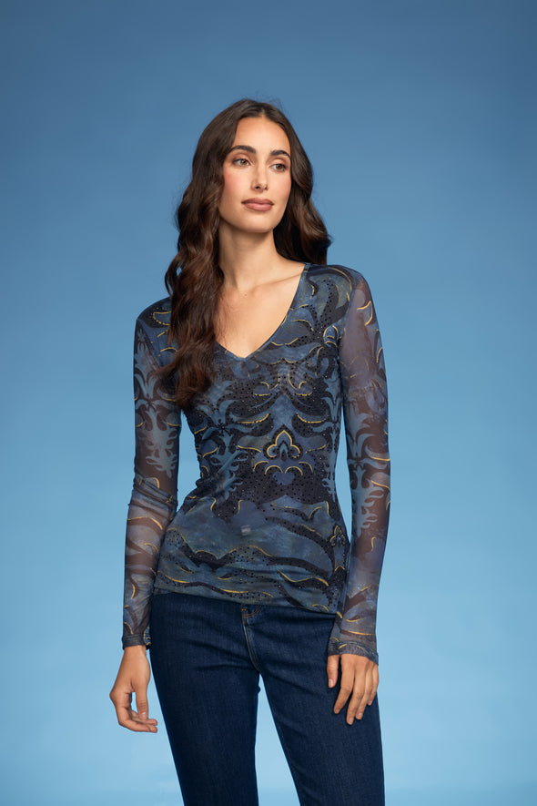V-Neck Blue Abstract Mesh Top
