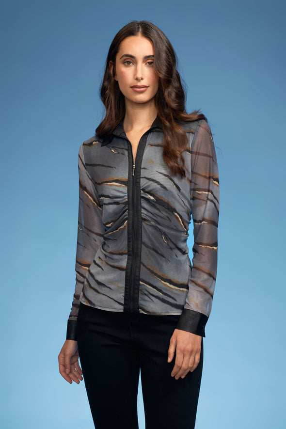 Tiger Mesh/Pleather Combo Zip Blouse