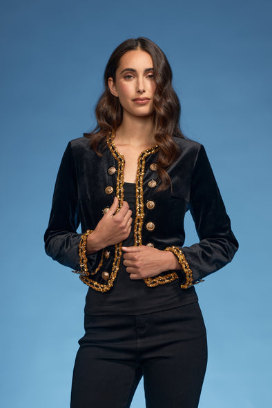 Velvet/Sequence Trim/Gold Buttons Open Jacket