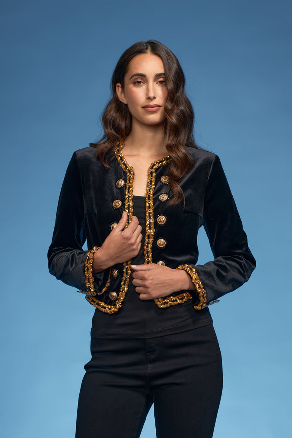 Velvet/Sequence Trim/Gold Buttons Open Jacket