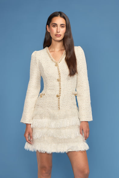 V-Neck 3/4 Sleeve Tweed/Lace Combo Short Dress