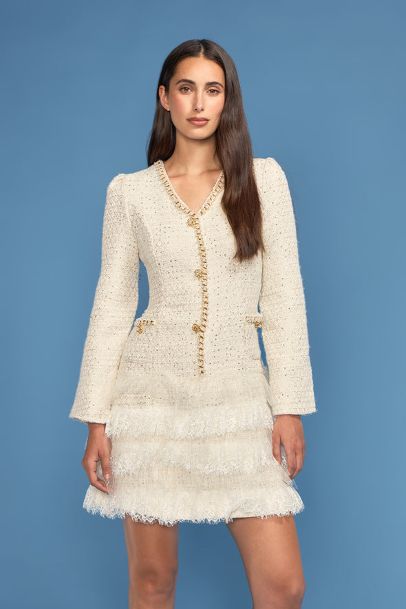 V-Neck 3/4 Sleeve Tweed/Lace Combo Short Dress