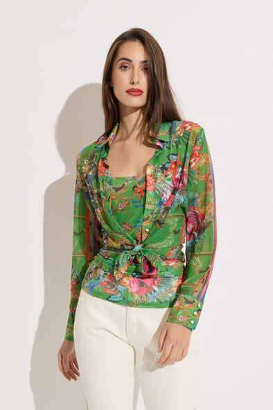 Jungle Print Chiffon/Button Down Blouse with Mesh Top