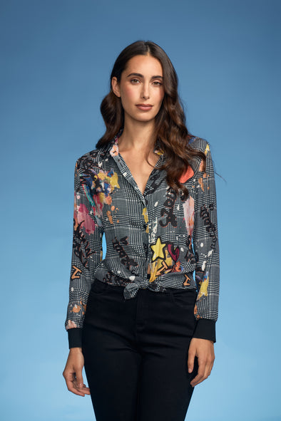 Plaid Graffiti Blouse with Knit Cuffs