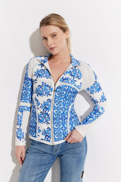 Printed Mesh Combo White and Blue Zip Jacket
