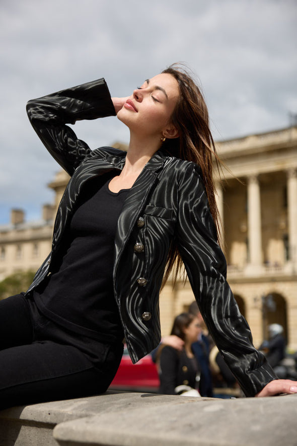 Pleather Waves Open Short Blazer W Button Details