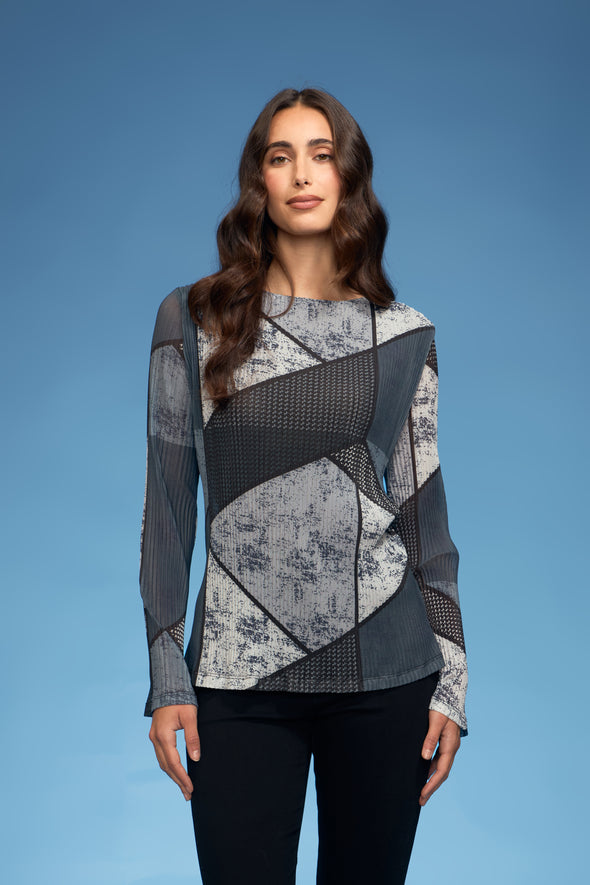 Geometric Round Neck Plisse Blouse