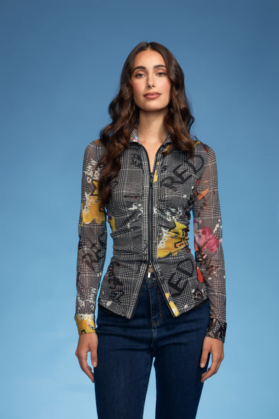 Plaid Graffiti Rushed Zip Mesh Jacket