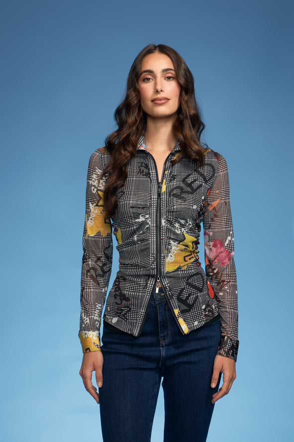 Plaid Graffiti Rushed Zip Mesh Jacket
