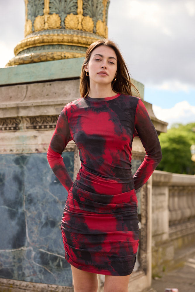 Round Neck Tie Dye Ruched L/S Mesh Dress Round Neck Tie Dye Ruched L/S Mesh Dress