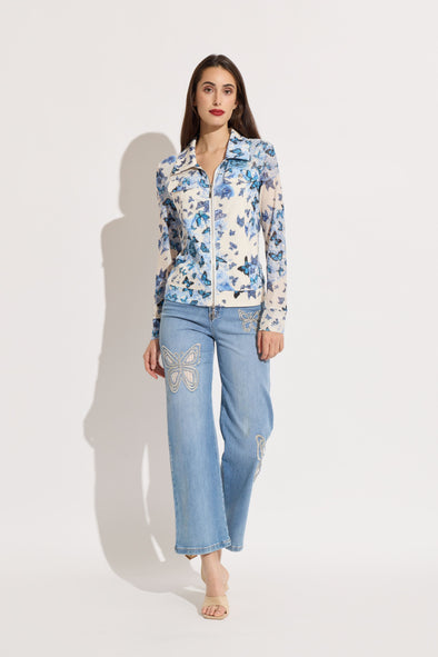 Butterfly Embroidered Beaded Wide Leg Jean