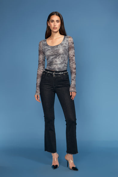 Side Rushed/Scoop Neck Printed Mesh Top