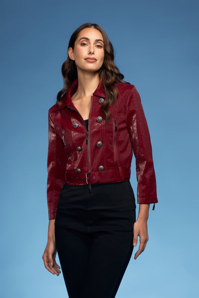 Belted Pleather Zip Croco Jacket with Buttons