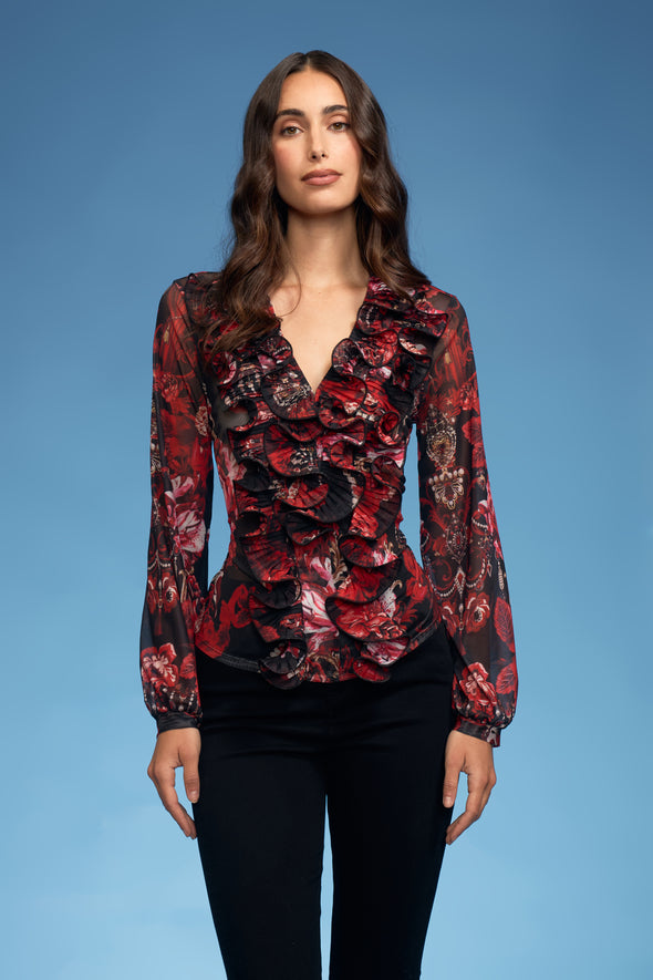 Red/Rose Ruffle Mesh Combo Mesh Blouse