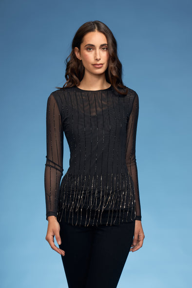 High Neck Rhinestone Pinstripe with Crystal Trim Mesh Top