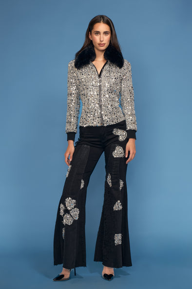 Boucle Sequence Zip Jacket with Faux Fur Collar