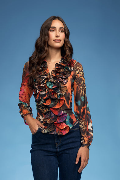 Animal Mix Media Ruffle Mesh Blouse