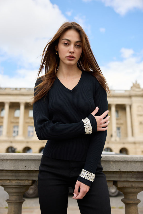 V Neck Knit Top with Jewel Cuffs