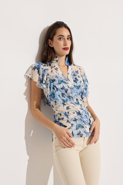 Butterfly Short Sleeve Ruffle Blouse with Matching Tank